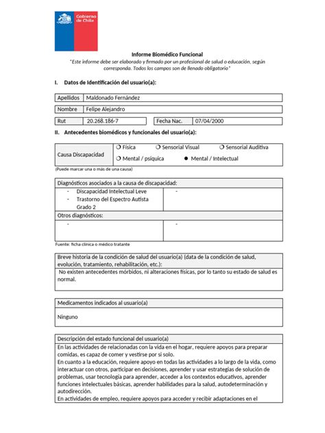 Esquema simplificado de un informe biomédico funcional, mostrando secciones clave como diagnóstico, evaluación funcional y pronóstico