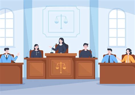 Ilustración de un tribunal con personas interactuando, simbolizando el acceso a la justicia.