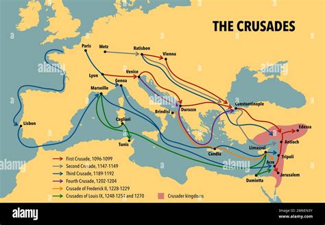 Mapa de las rutas de peregrinación y los reinos cruzados en el Levante mediterráneo.