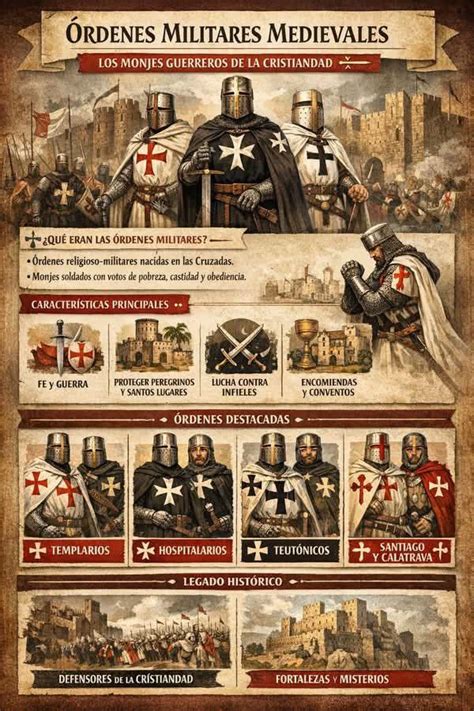 Infografía sobre las órdenes militares medievales y su función en Tierra Santa.