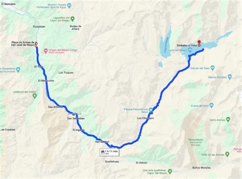 Mapa de la ruta desde Santiago al Embalse El Yeso, destacando las Rutas G-25 y G-455