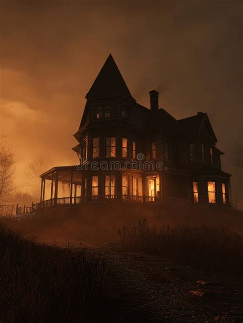 Ilustración de una antigua casa misteriosa en Kingsport al atardecer