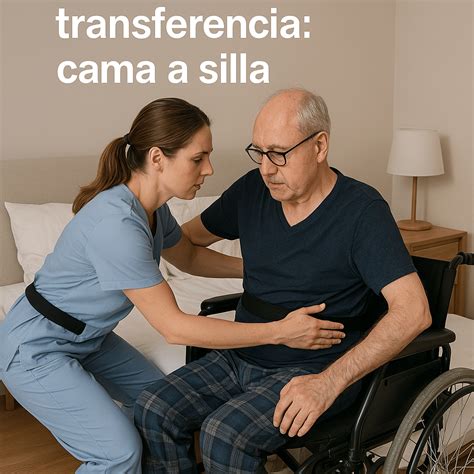 Ilustración de un cuidador utilizando una faja de transferencia para ayudar a un paciente a levantarse de la cama.