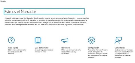 Pantalla de bienvenida del Narrador de Windows 10