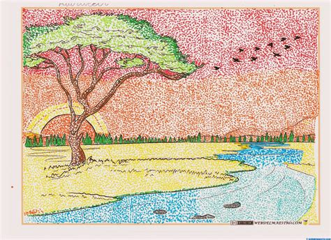 Paisaje natural pintado con técnica de puntos