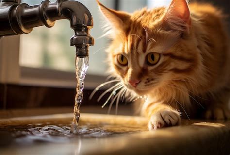 Gato bebiendo de una fuente de agua y comiendo de un plato limpio