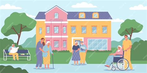 Ilustración de un hogar de ancianos acogedor con residentes interactuando con las hermanas