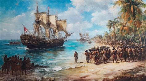 Ilustración de barcos españoles llegando a América con caballos