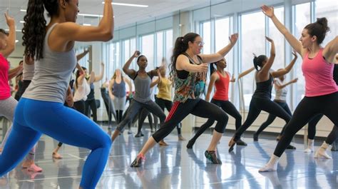Foto de una clase de baile grupal en una academia luminosa.