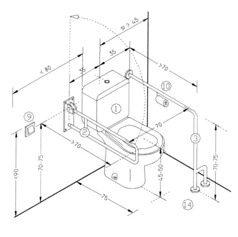 vista lateral de inodoro accesible con barras de apoyo y dimensiones indicadas