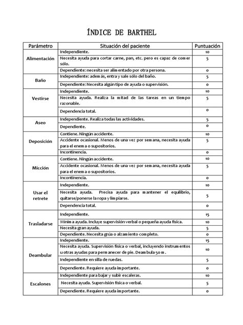 Infografía detallando las 10 actividades evaluadas por el Índice de Barthel con sus respectivas puntuaciones máximas.