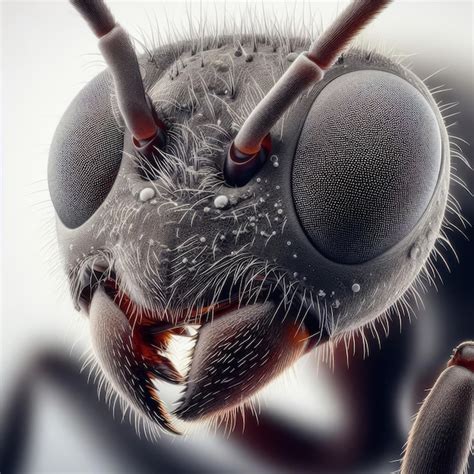 Ilustración detallada de una Hormiga Quimera con sus características distintivas: antenas, exoesqueleto y ojos compuestos.