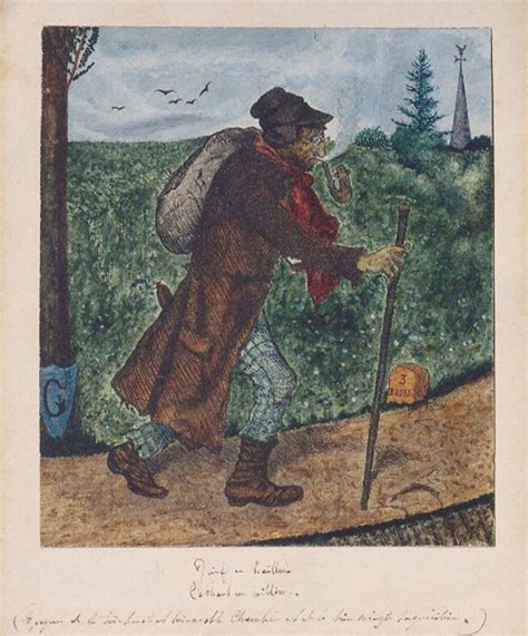 Ilustración que representa al judío errante, 1820-1840. Hombre con barba y sombrero, caminando con un bastón, con un paisaje desolado de fondo.