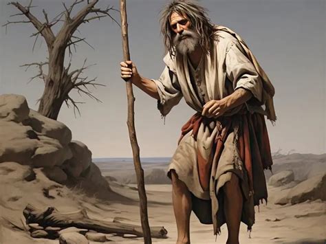 Ilustración detallada del Judío Errante por Edmund J. Sullivan. Hombre envejecido, con túnica y sandalias, caminando con un semblante de pena y agotamiento.
