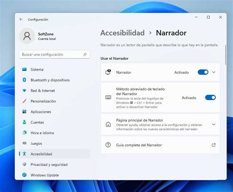 Captura de pantalla de la configuración del Narrador en Windows 11