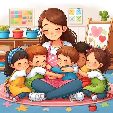 Ilustración de la Maestra Ximena rodeada de sus alumnos en el aula.