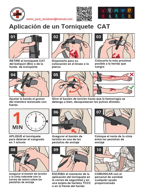 Ilustración mostrando la correcta aplicación de un torniquete.