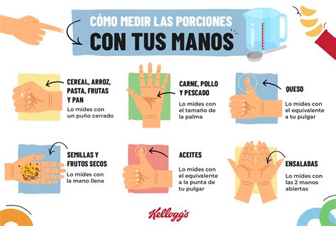 Infografía: Guía visual de porciones usando las manos (palma, puño, pulgares) y cucharas para medir alimentos.