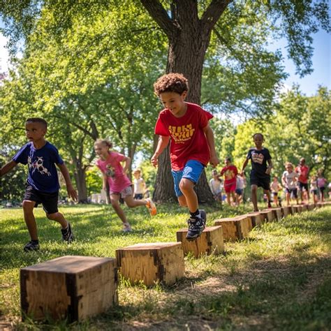 Niños de diversas capacidades participando en una carrera de obstáculos adaptada.