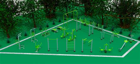 Esquema ilustrativo de un circuito biosaludable al aire libre con diferentes estaciones de ejercicio para adultos mayores.
