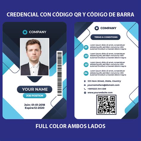 Ejemplo de credencial con código QR y código de barras integrado.