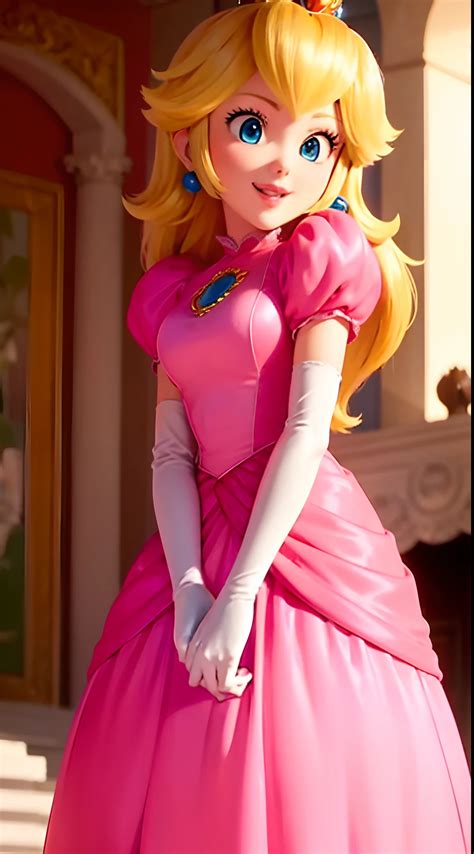 Ilustración de la Princesa Peach sonriendo, con un Toad a su lado.