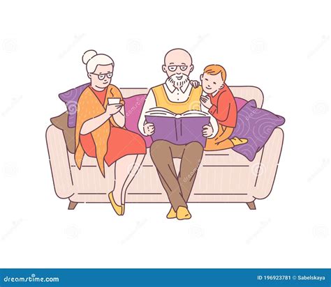 Abuelos y nietos leyendo juntos un libro ilustrado