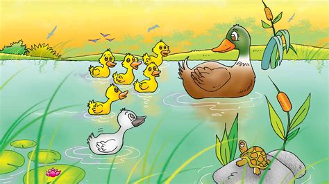 Ilustración de un patito diferente a los demás, rodeado de cisnes