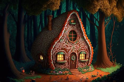Casa de jengibre de Hansel y Gretel en un bosque oscuro