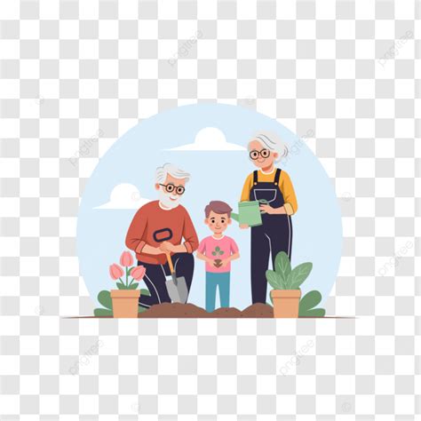 Abuelos y nietos haciendo jardinería en un jardín