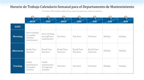 Representación de un calendario con horarios de trabajo destacados