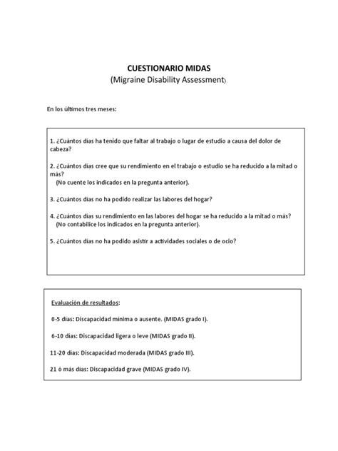 Ejemplo del cuestionario MIDAS o ilustración sobre su uso en consulta