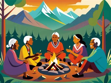 Ilustración de una anciana indígena contando historias a los niños