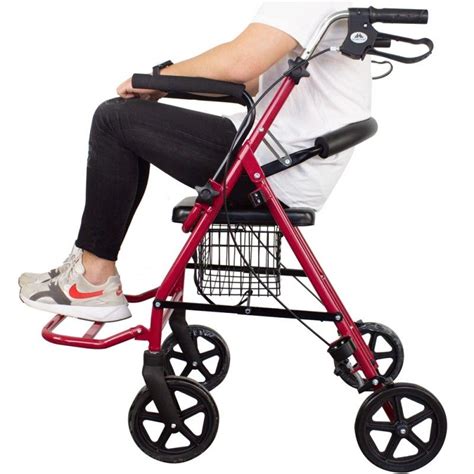 Diseño de un andador para adultos mayores con asiento, ruedas y canasto.