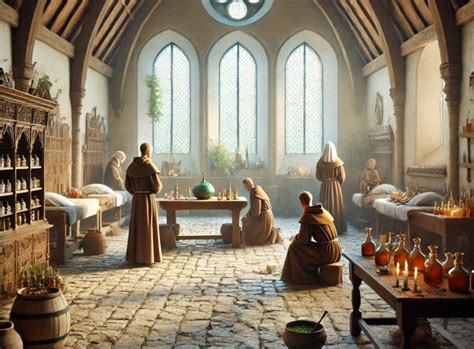 Ilustración medieval que muestra ancianos en un monasterio o una familia protegiendo a sus mayores