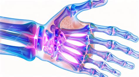 Ilustración anatómica detallada de los huesos y articulaciones de la mano