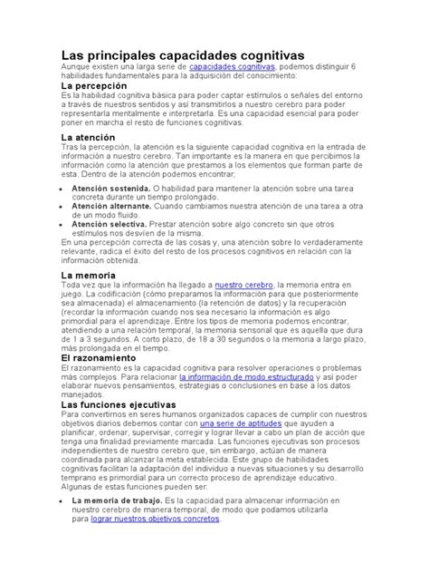 Diagrama que resume las principales capacidades cognitivas.