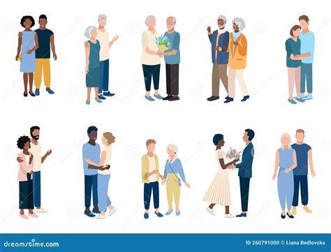 Ilustración de parejas de diferentes edades interactuando de forma positiva.