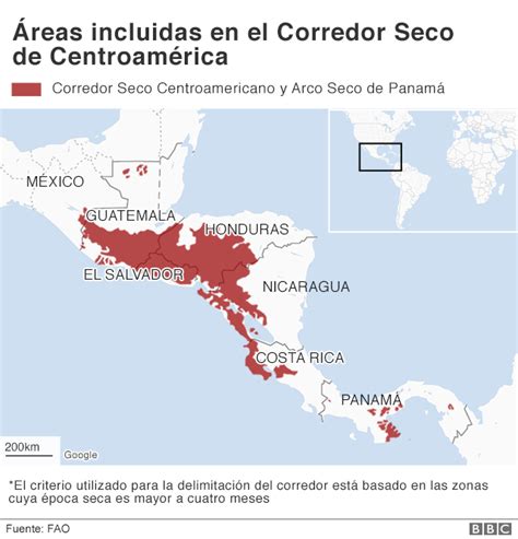 Mapa de la región del Corredor Seco en Centroamérica mostrando zonas de alto riesgo de sequía