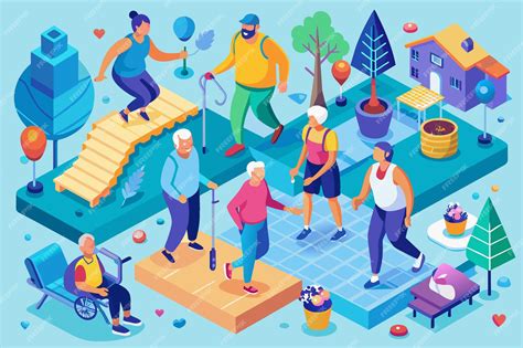 Ilustración de personas mayores interactuando con niños en un entorno social