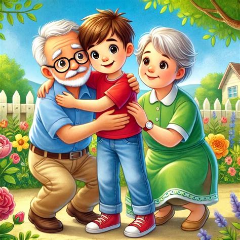 Dibujo de niños interactuando con abuelos