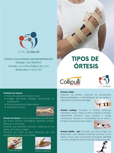 Infografía o diagrama que clasifica diferentes tipos de órtesis según su función (pasivas, dinámicas, correctoras, alineadoras).