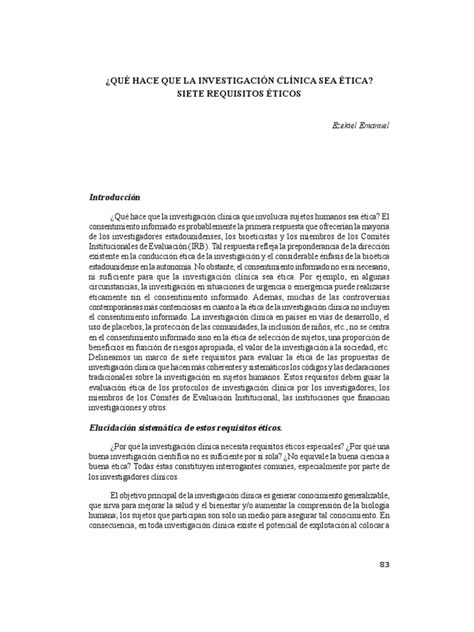 Tabla de los siete requisitos éticos de Ezequiel Emanuel según las normas de la CIOMS