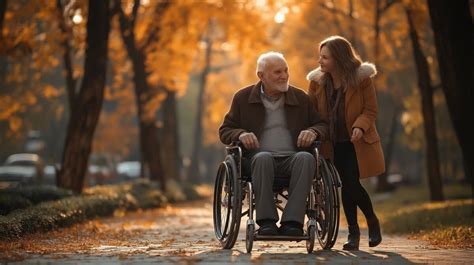 Foto de un adulto mayor sonriendo en silla de ruedas siendo asistido por un cuidador