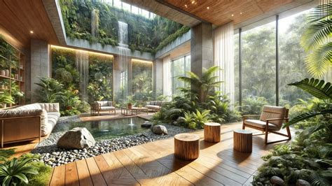 Diseño arquitectónico biofílico en un centro para adultos mayores, mostrando elementos naturales integrados