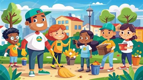 Ilustración de niños participando en actividades comunitarias con voluntarios