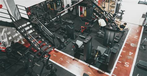 Esquema de una sala de musculación típica con áreas divididas por tipo de ejercicio.