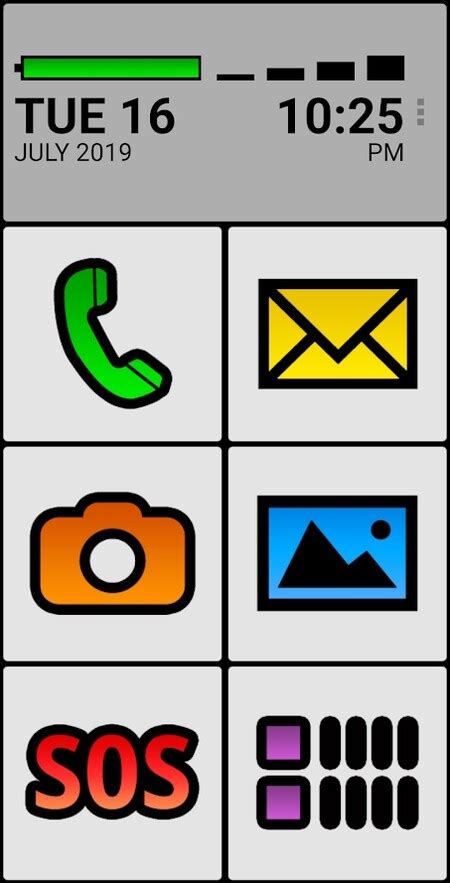 Captura de pantalla de un launcher para personas mayores con íconos grandes y claros