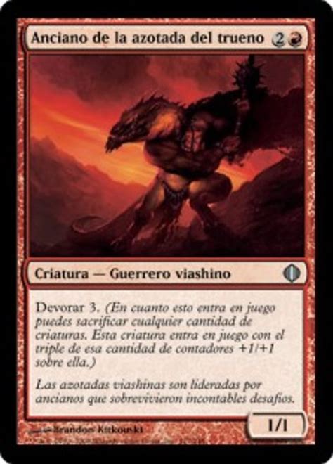 Ilustración detallada de la carta Anciano de la azotada del trueno, mostrando su diseño de guerrero viashino.
