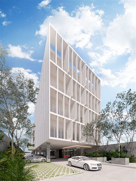 Render arquitectónico del Edificio Valle con sus jardines y laguna